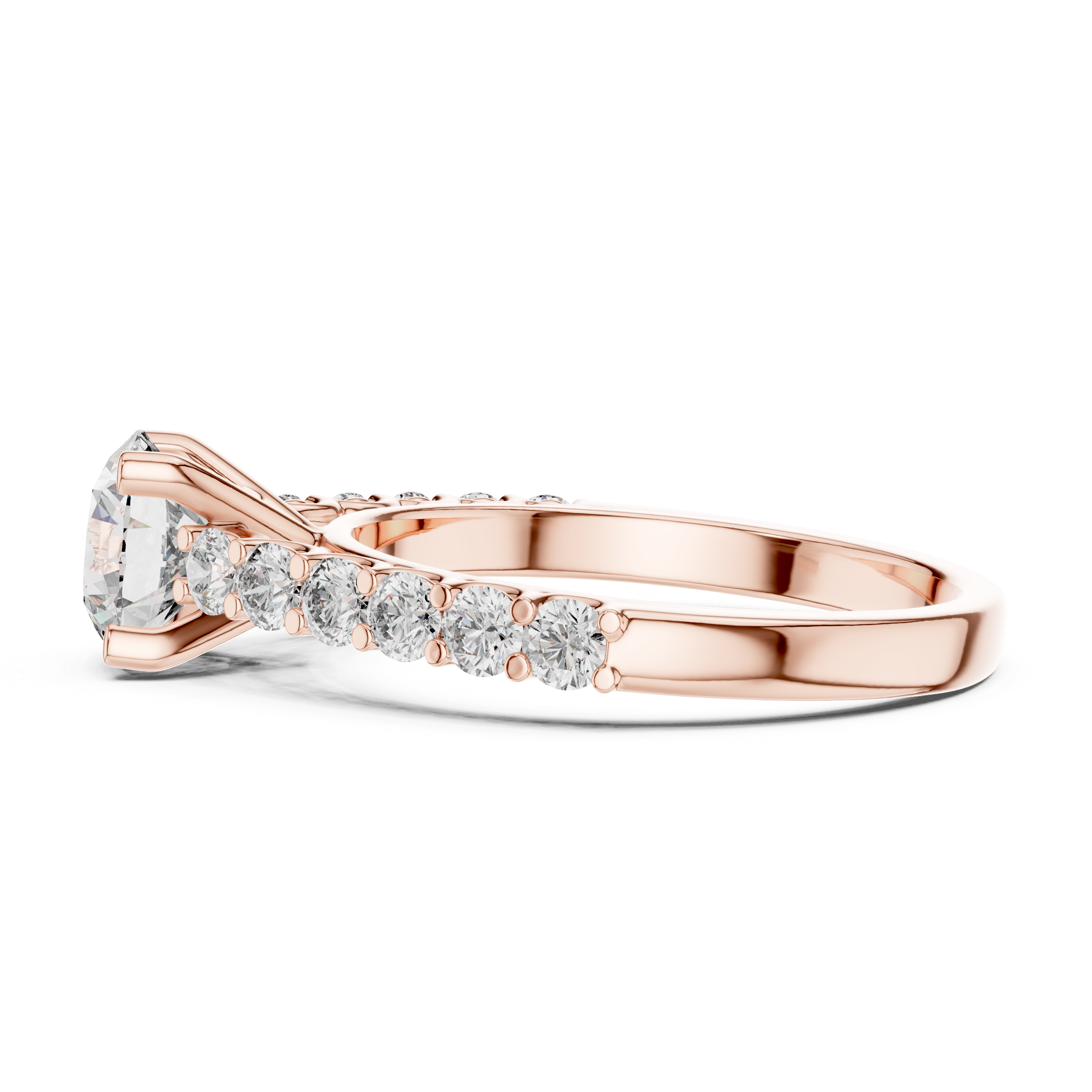 Rose gold ring with diamonds on a white background